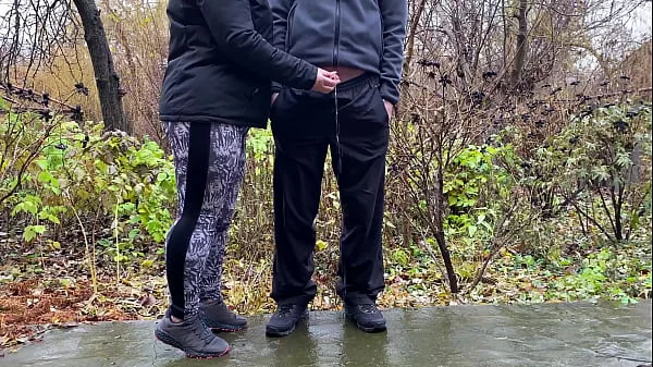Sports stepmother-in-law after jogging in the park holds son-in-law's penis